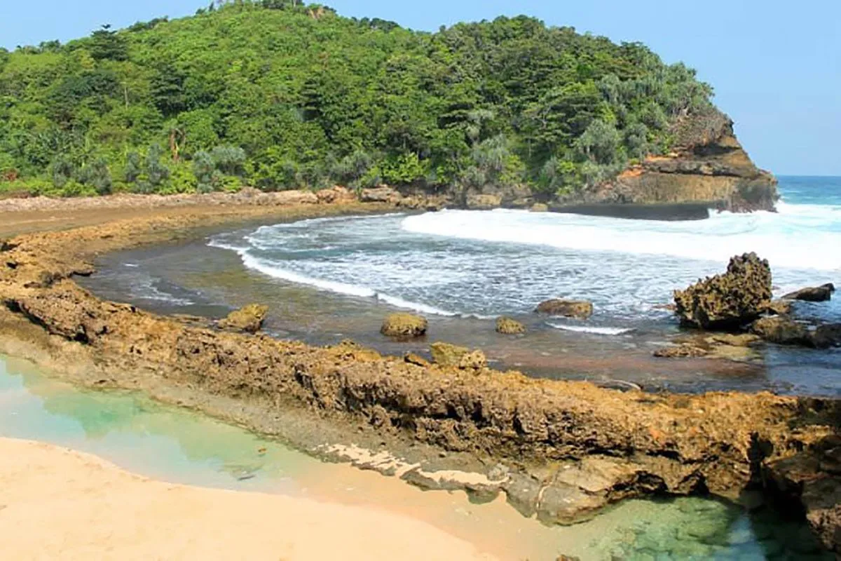 Pantai berkarang dengan air jernih dan bukit hijau di Malang selatan