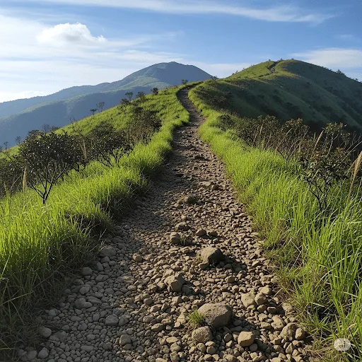 Jalur trekking berupa jalan setapak tanah menuju kawasan Puncak Budug Asu yang ramah bagi pemula.