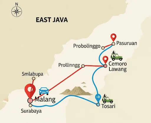Peta rute terbaik ke Bromo dari Malang yang menunjukkan jalur via Probolinggo dan Pasuruan