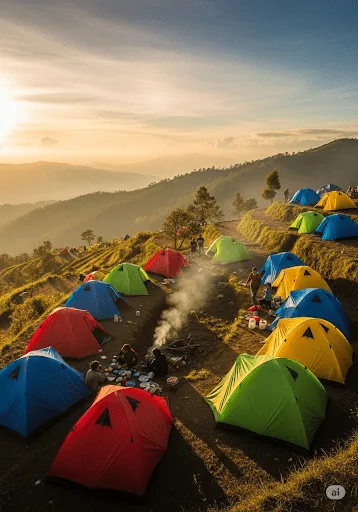 Tenda-tenda camping berdiri di padang savana Puncak Budug Asu saat sore hari yang cerah.