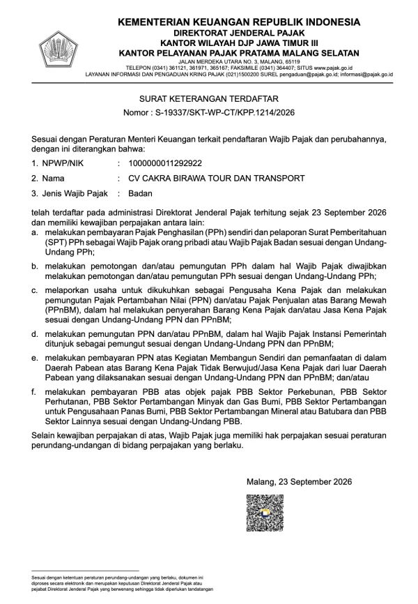 Surat Keterangan Terdaftar pajak CV Cakra Birawa Tour dan Transport